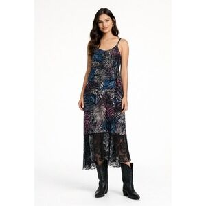 Fab'rik Womens‎ Tropical Palm Print Lace Hem Maxi Dress Black Blue Pink Large
